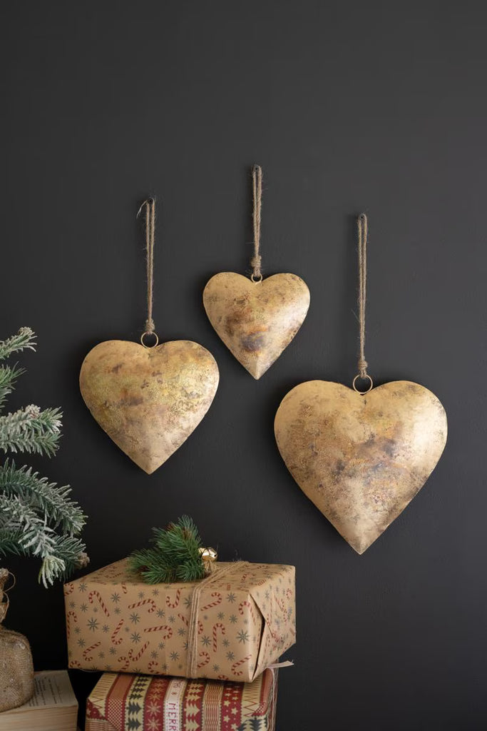 Set of 3 Antique Gold Christmas Heart Door Hangers - image 1