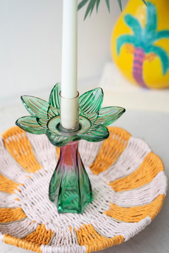 Set of 2 Colored Glass Flower Taper Candle Holders - image 2