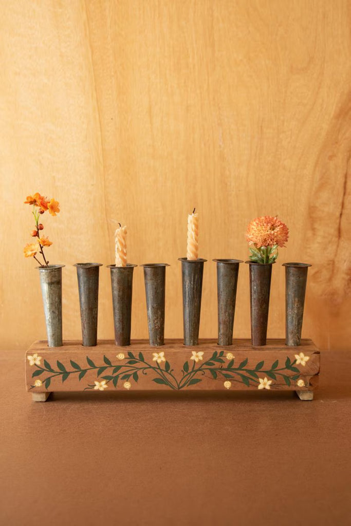 Eight Metal Bud Vases with Painted Wooden Base – image 3