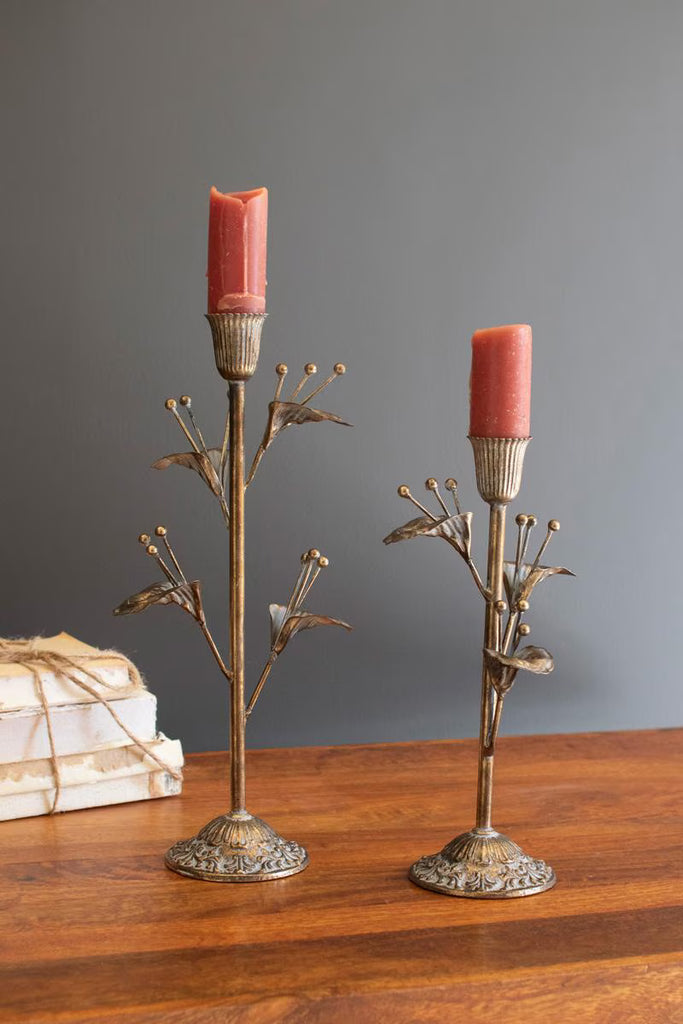 Set of 2 Antique Brass Flower Taper Candle Holders - image 1