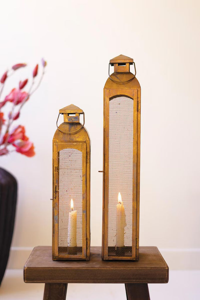 Set of 2 Antique Brass Taper Candle Lanterns with Wire Screen – image 4