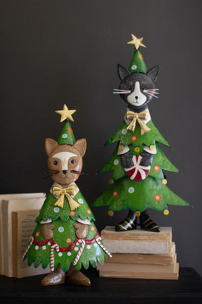 Set of 2 Painted Metal Cat Christmas Trees – image 1