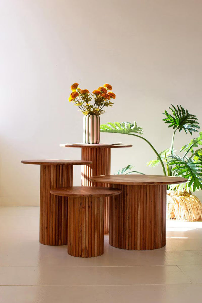 SET OF FOUR ACACIA WOOD ACCENT TABLES WITH TAMBOUR BASES — Kalalou NLAR1010