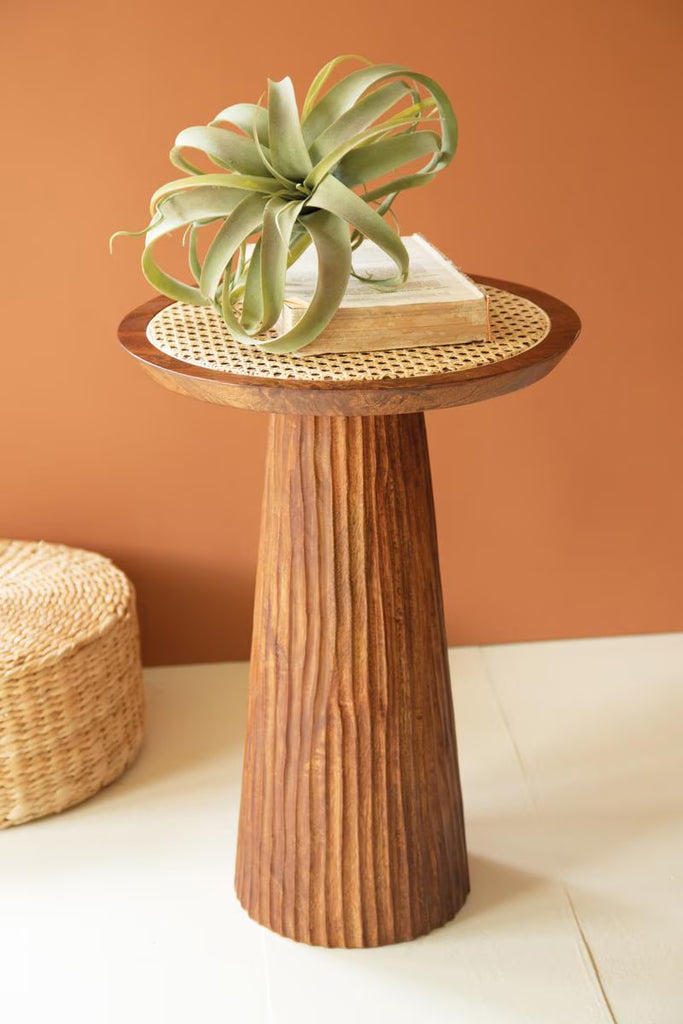 Round Wooden Side Table with Woven Cane Top – image 1