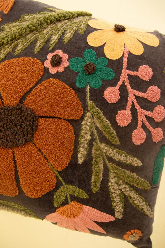 Velvet Embroidery Pillow - Flowers #2 - view 2