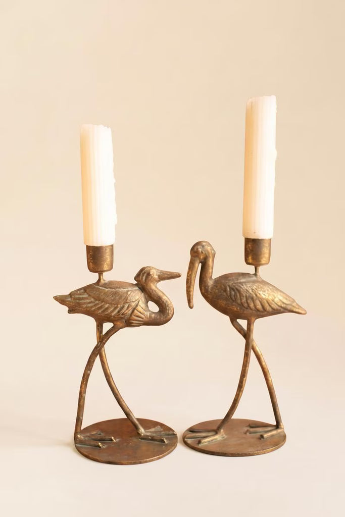 Set of 2 Antique Brass Shore Bird Taper Candle Holders - image 4