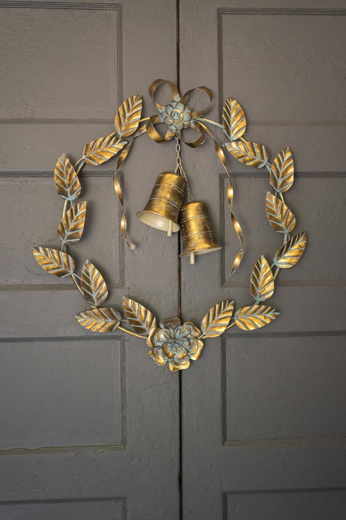 Antique Brass Christmas Wreath Leaves and Bells - view 2