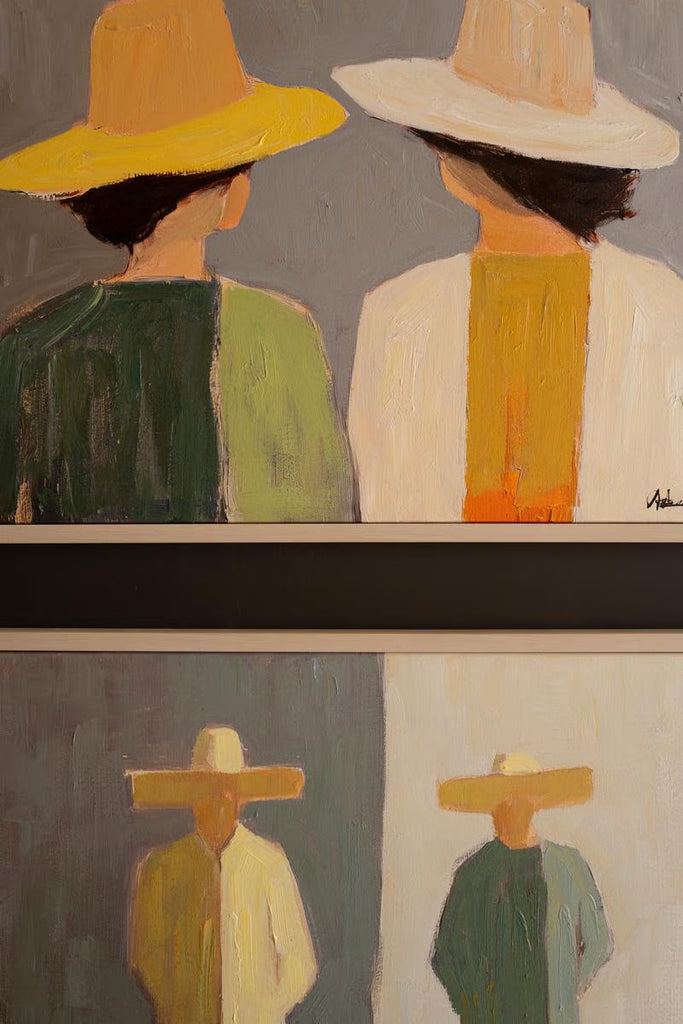 Set of 2 Framed Men and Women in Hats Painting – image 5