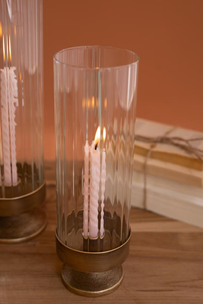 Set of 2 Antique Metal and Glass Taper Candle Hurricanes – image 4