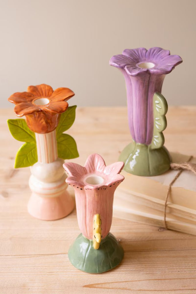 Set of 3 Ceramic Flower Taper Candle Holders – image 2