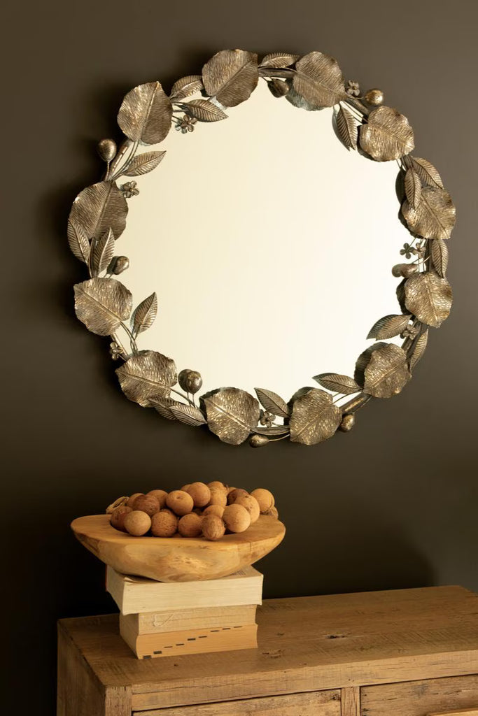 Round Rustic Framed Mirror with Leaf Detail – image 1