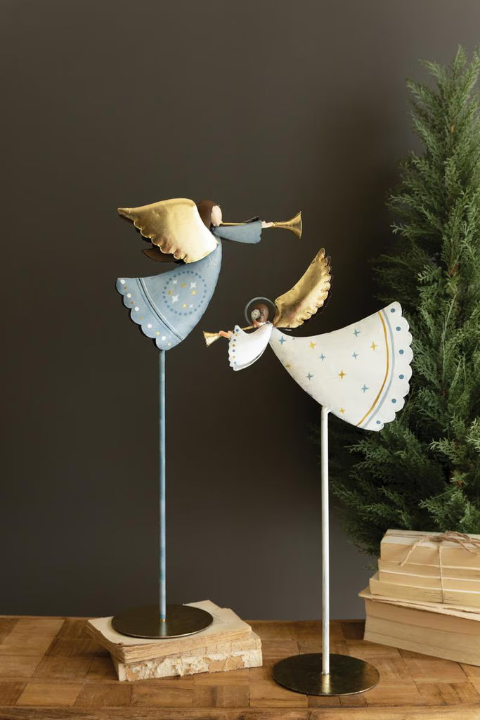 Set of 2 Painted Metal Christmas Angels on Stands – image 1
