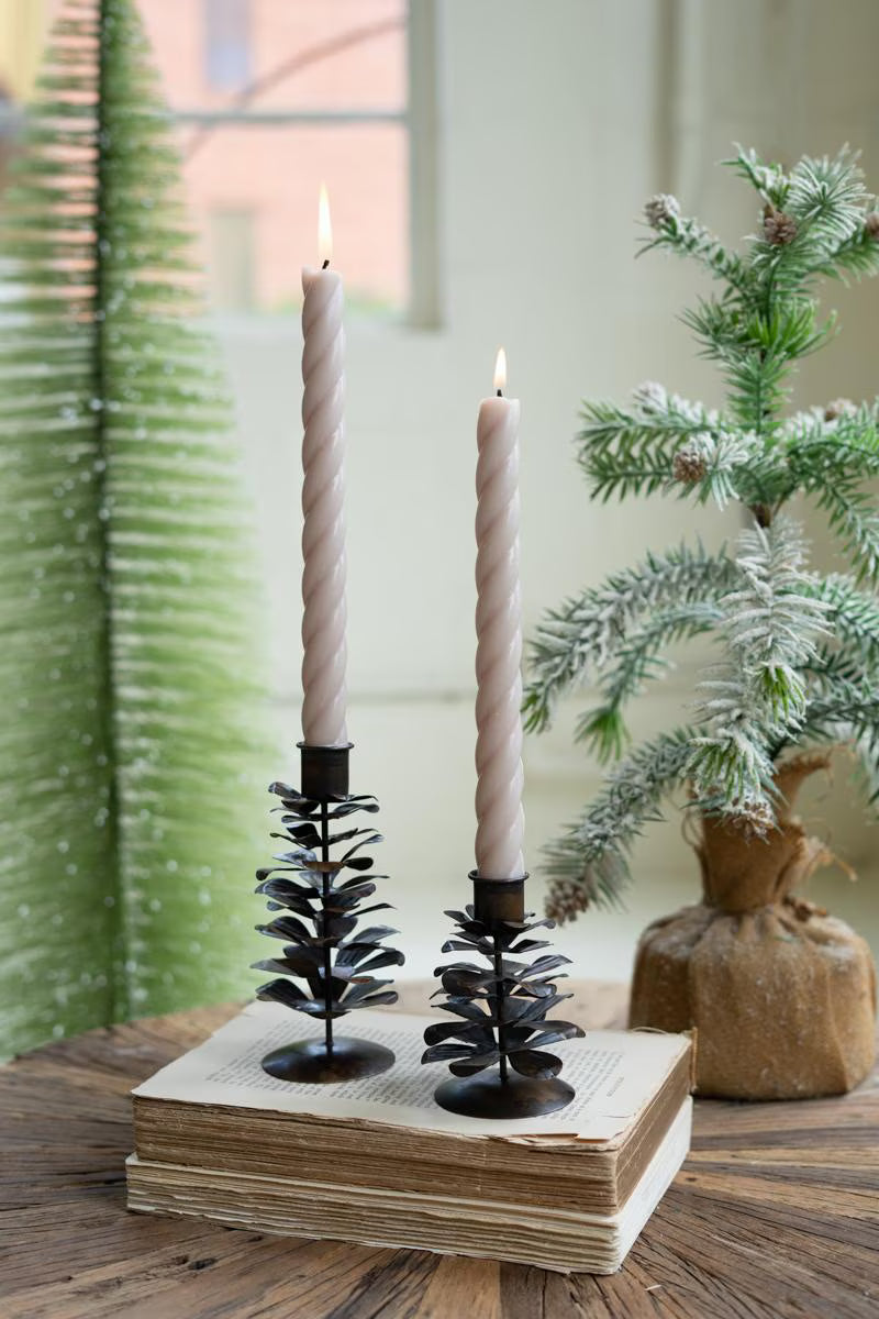 SET OF TWO METAL PINE CONE TAPER HOLDERS - ANTIQUE BROWN — Kalalou NDE1518