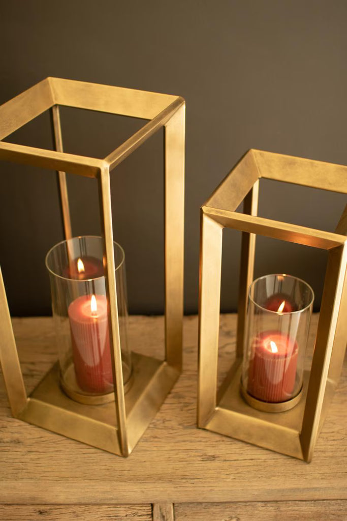 Set of 2 Metal Framed Lanterns with Clear Glass Hurricanes – image 2