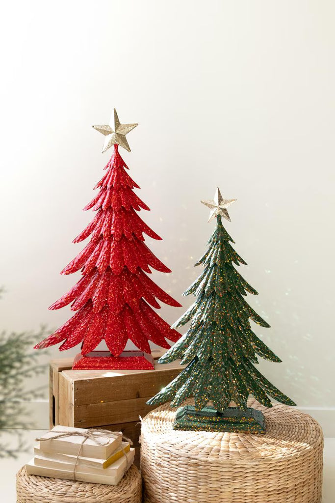 Set of 2 Painted Metal Christmas Trees with Glitter – image 1
