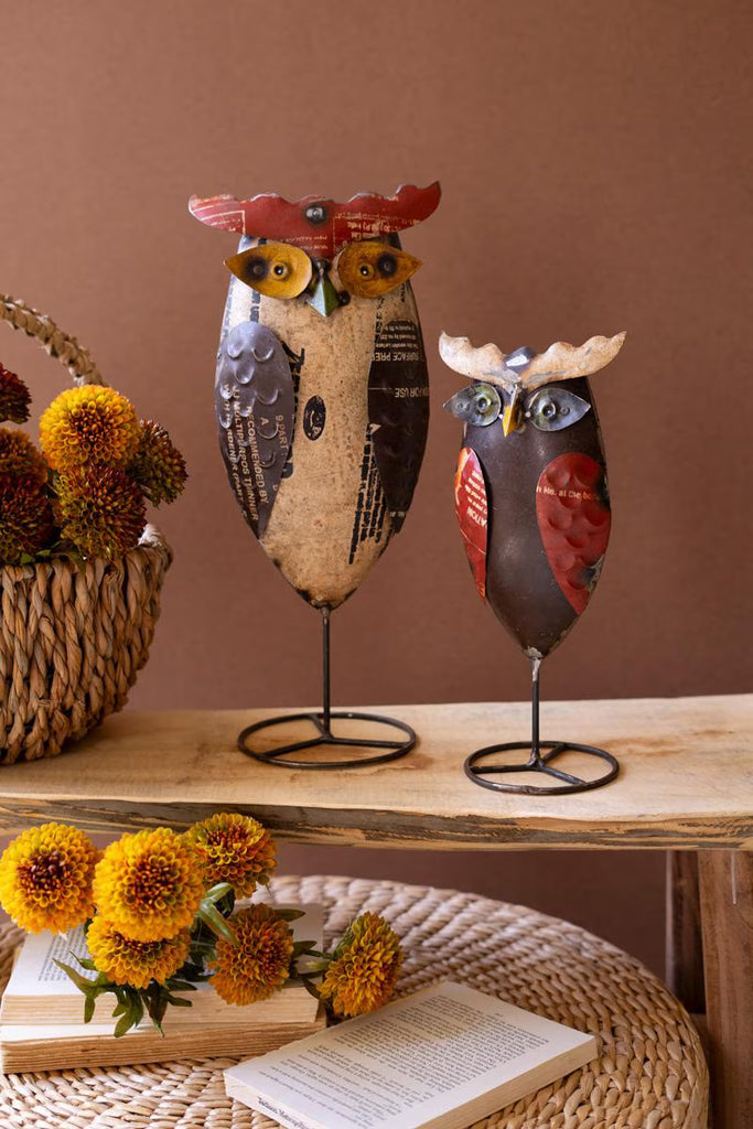 Set of 2 Recycled Iron Owls on Stands – image 1