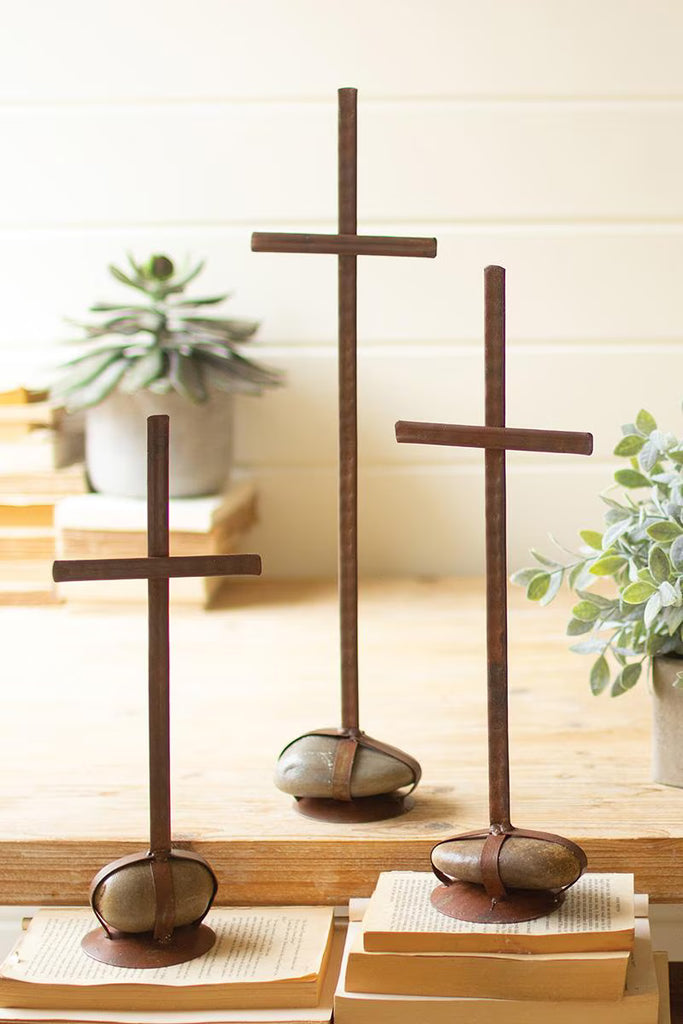 Set of 3 Scrap Metal Crosses with Caged Rock Bases (min 2) – image 2