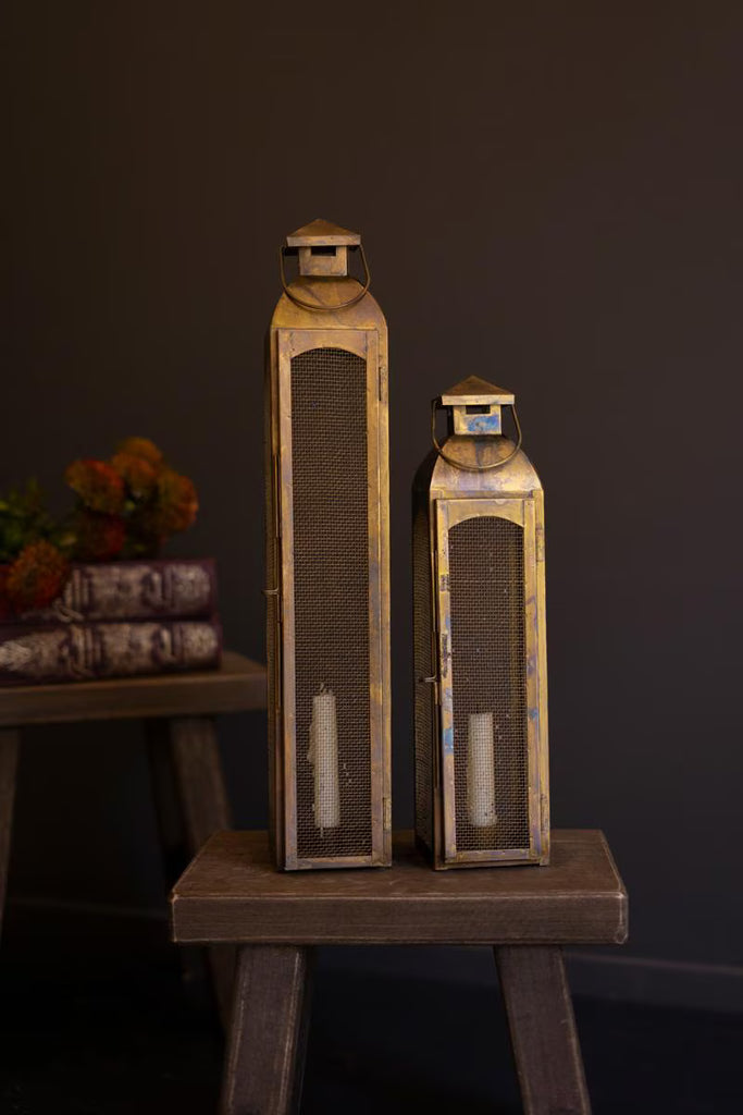 Set of 2 Antique Brass Taper Candle Lanterns with Wire Screen – image 1