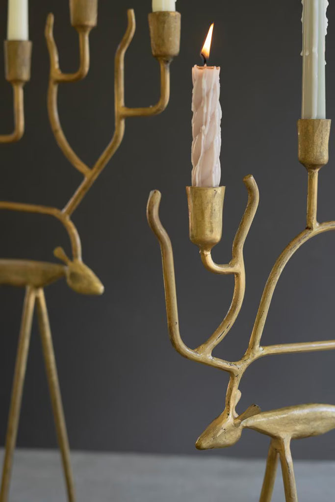 Set of 2 Antique Gold Forged Christmas Deer Candelabras – image 2
