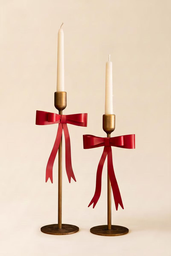 Set of 2 Metal Christmas Bow Taper Candle Holders - image 4