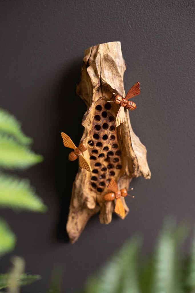 Repurposed Wood and Hand Carved Bees Wall Hanging - view 1