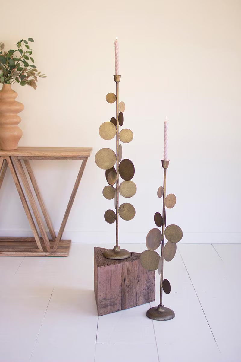 SET OF TWO ANTIQUE BRASS CANDLE HOLDERS WITH ROUND DISCS DETAIL — Kalalou CLL2852