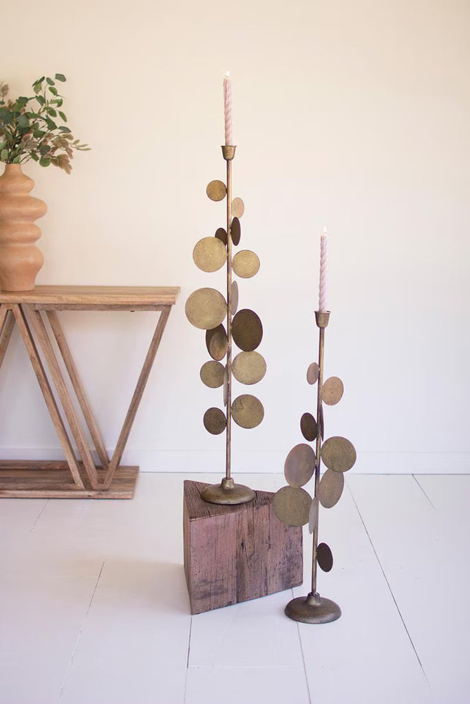 SET OF TWO ANTIQUE BRASS CANDLE HOLDERS WITH ROUND DISCS DETAIL — Kalalou CLL2852