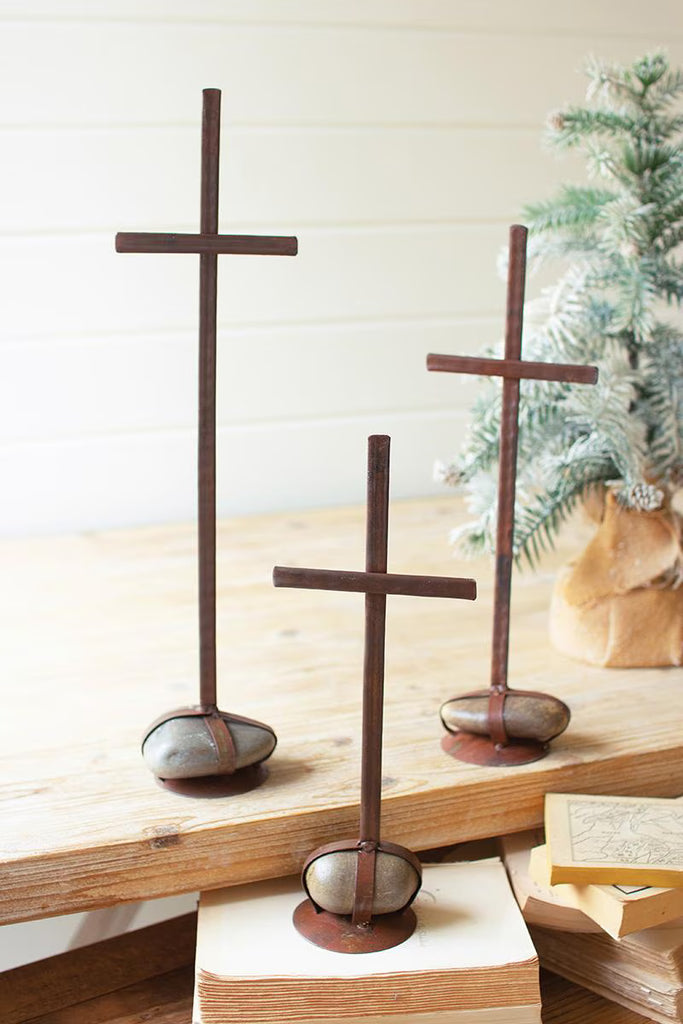 Set of 3 Scrap Metal Crosses with Caged Rock Bases (min 2) – image 3
