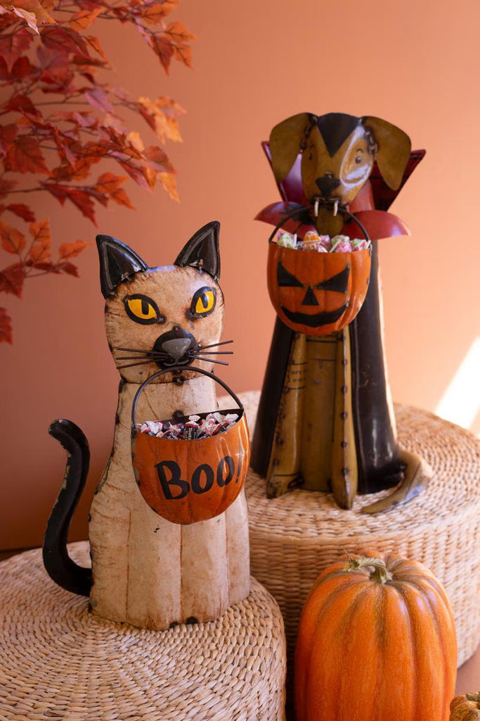 Set of 2 Recycled Metal Halloween Cat and Dog – image 1