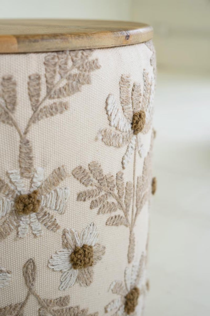 Round Embroidered Accent Table with Mango Wood Top – image 4