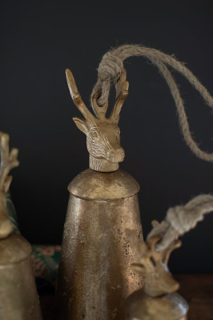 Set of 3 Antique Gold Metal Christmas Bells with Deer Finials - view 2