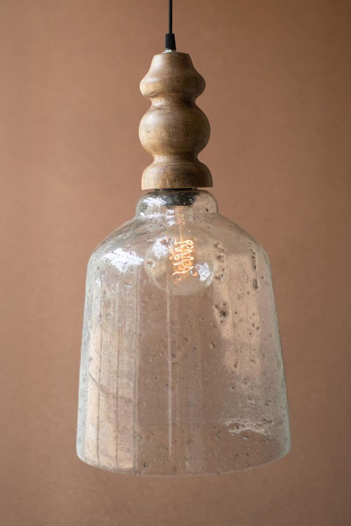 Clear Pebbled Glass Pendant Light with Wooden Finial – image 2