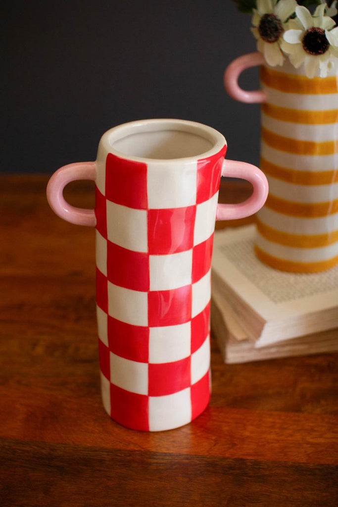Set of 3 Paterend Ceramic Cylinder Vases with Handles – image 3