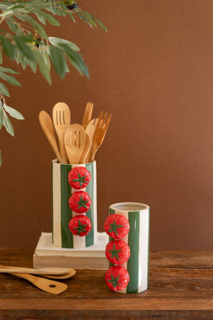 Set of 2 Ceramic Green Striped Vases with Tomatoes – image 1