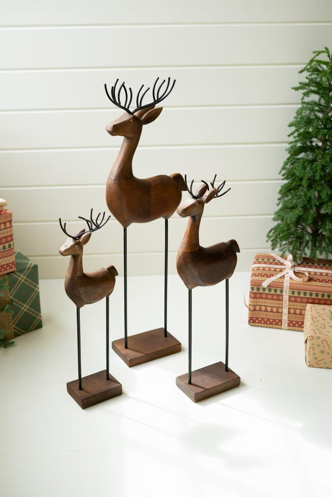 Set of 3 Carved Wood and Iron Reindeer on Bases – image 1