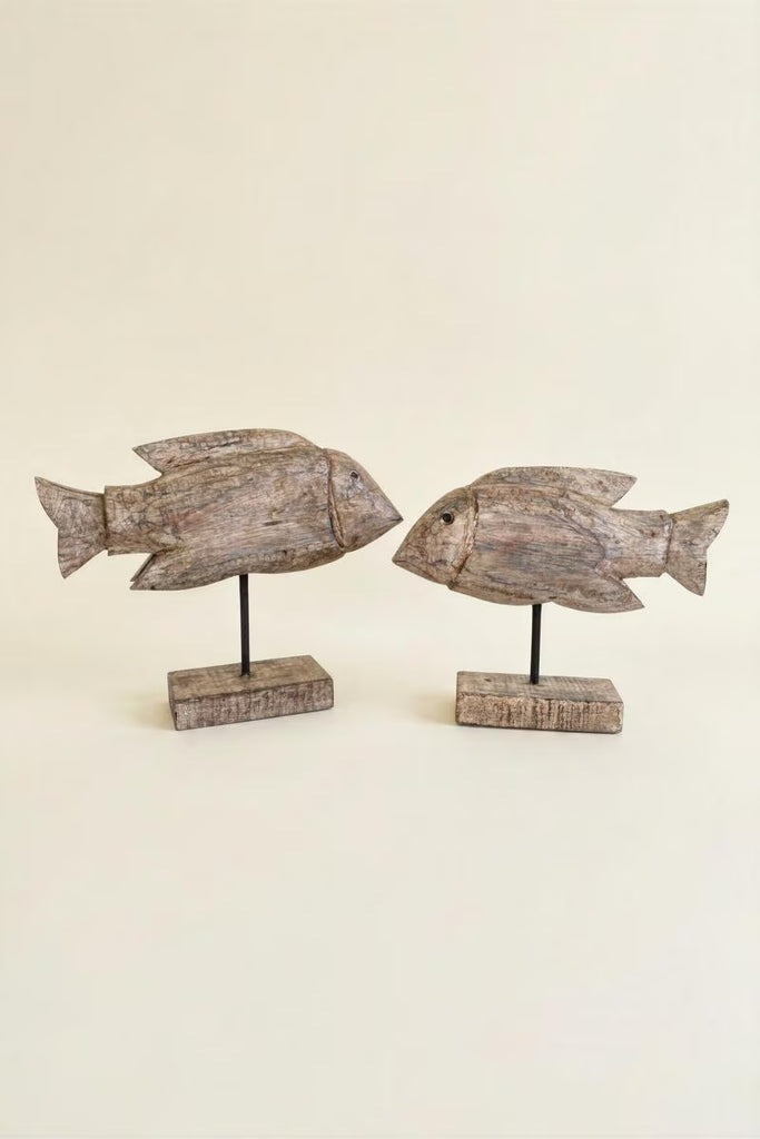 Set of 2 Carved Recycled Wooden Fish on Stands – image 3