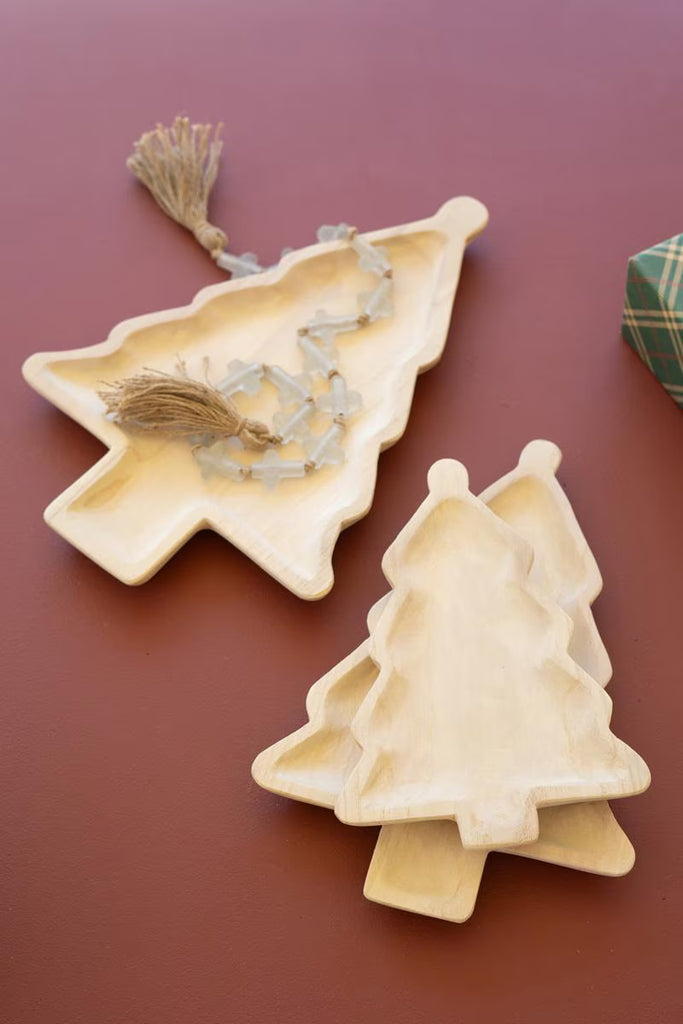 Set of 3 Carved Wood Christmas Tree Platters - image 1