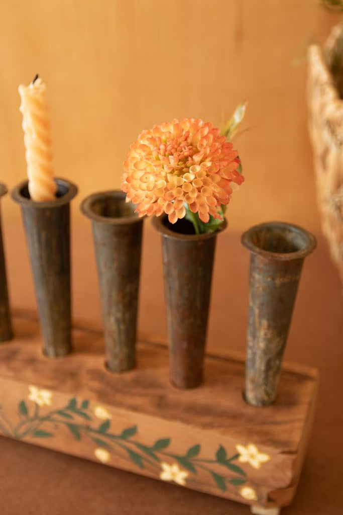 Eight Metal Bud Vases with Painted Wooden Base – image 2