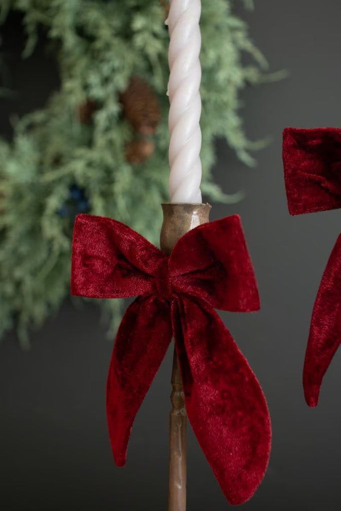 Set of 2 Antique Brass Taper Candle Holders with Velvet Bows – image 5