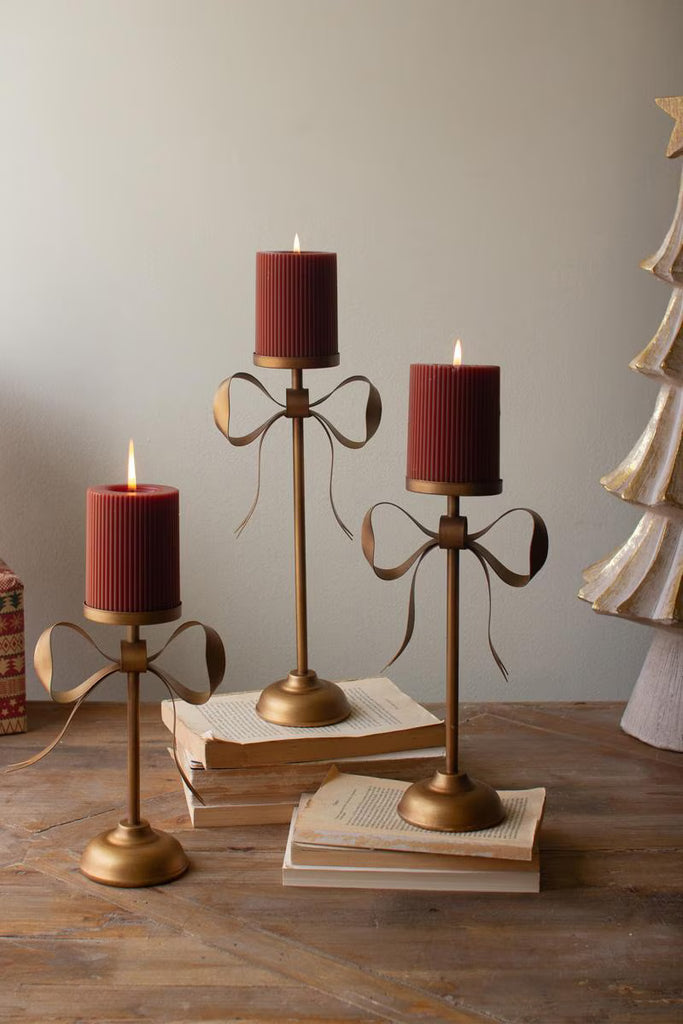 Set of 3 Antique Brass Pillar Candle Stands -bow Detail – image 3