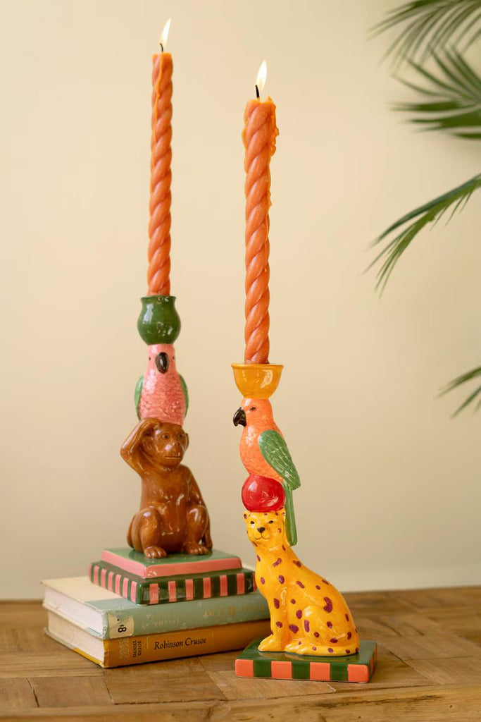 Set of 2 Ceramic Cheetah and Monkey Taper Candle Holders – image 1