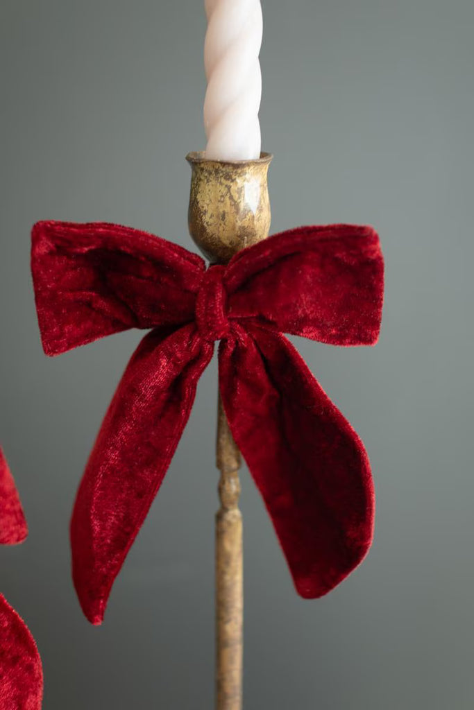 Set of 2 Antique Brass Taper Candle Holders with Velvet Bows – image 2