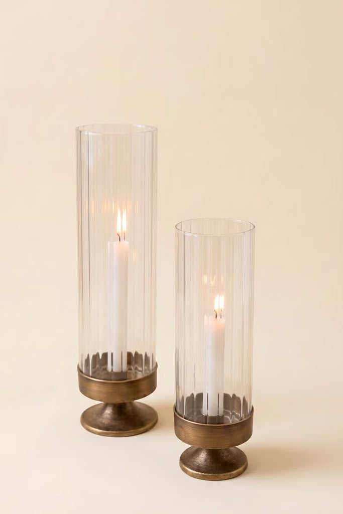 Set of 2 Antique Metal and Glass Taper Candle Hurricanes – image 2