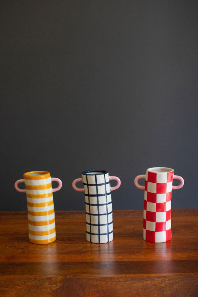 Set of 3 Paterend Ceramic Cylinder Vases with Handles – image 5