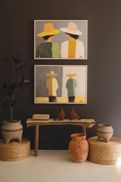 Set of 2 Framed Men and Women in Hats Painting – image 1