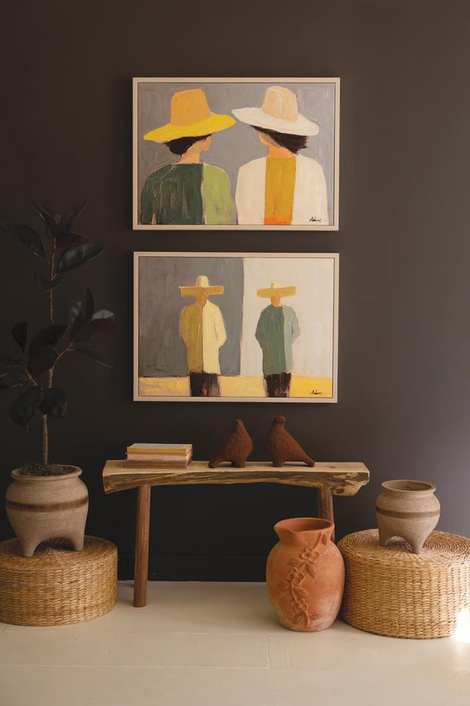 Set of 2 Framed Men and Women in Hats Painting – image 1