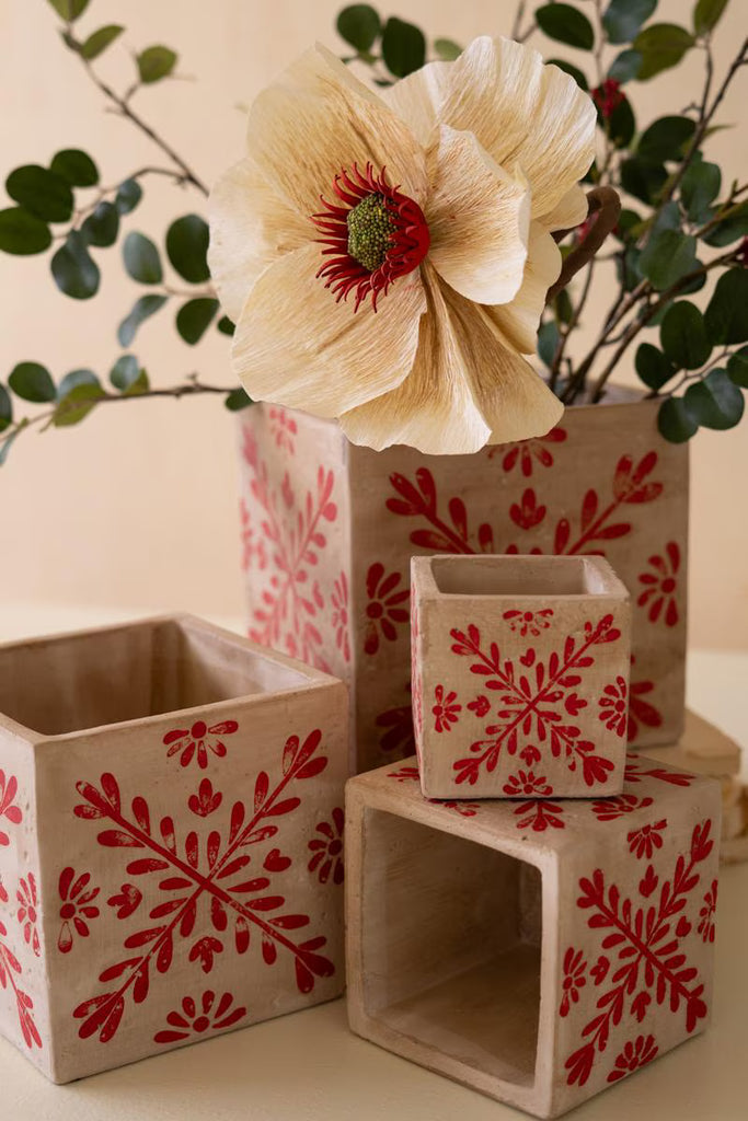 Set of 4 Square Cement Christmas Planters with Red Detail - view 2