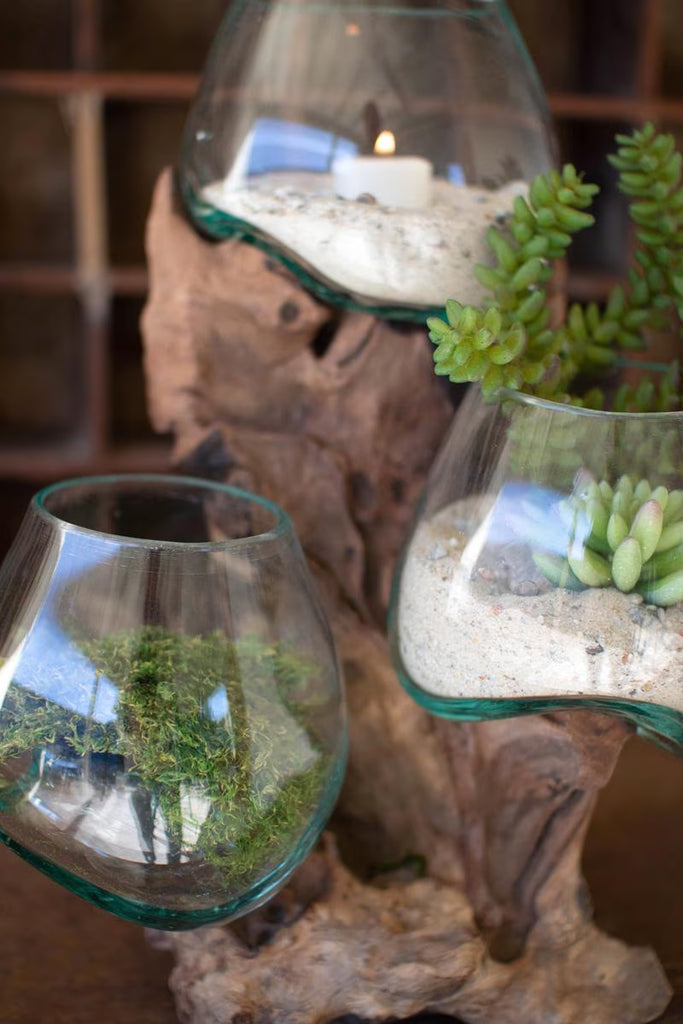 THREE BLOWN GLASS BOWLS ON A DRIFTWOOD BASE — Kalalou DWA1007