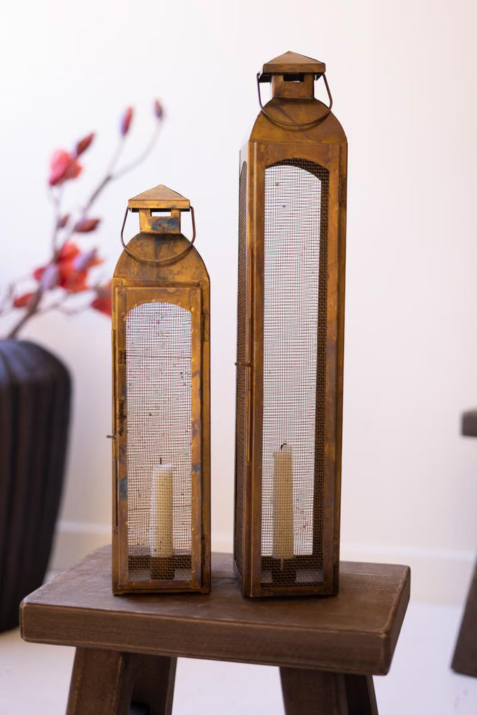 Set of 2 Antique Brass Taper Candle Lanterns with Wire Screen – image 3