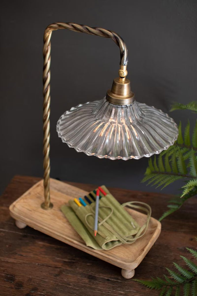 Table Lamp with Wooden Tray Base and Glass Shade – image 1